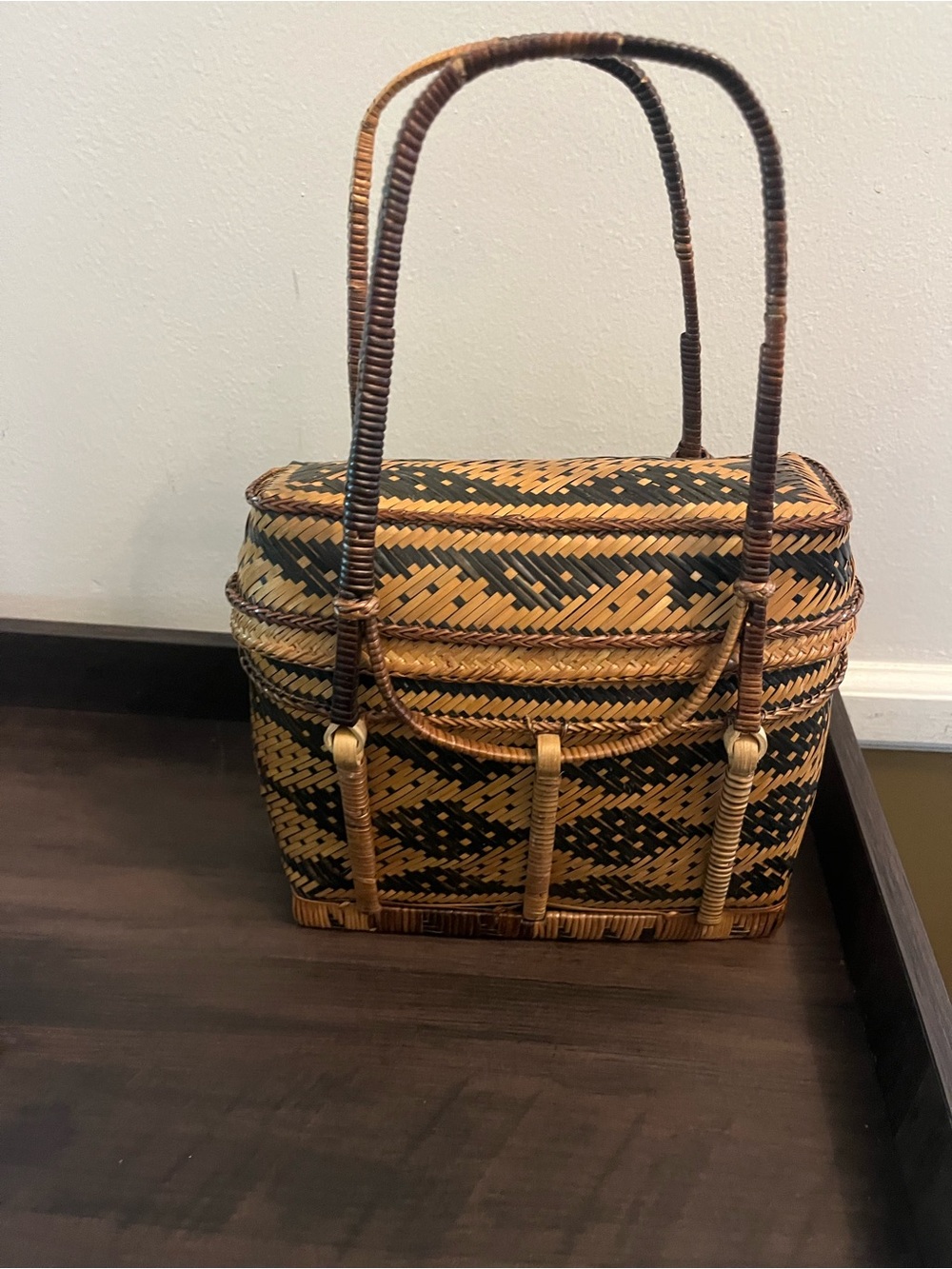 Vintage Tiruray Tribe Woven Rattan Basket Handbag in Natural/Black